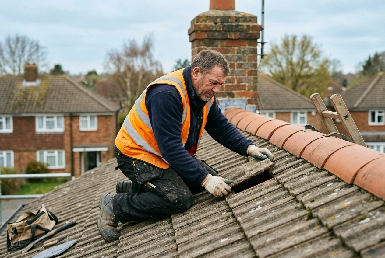 Experienced roofer working on a traditional tile roof in Kent